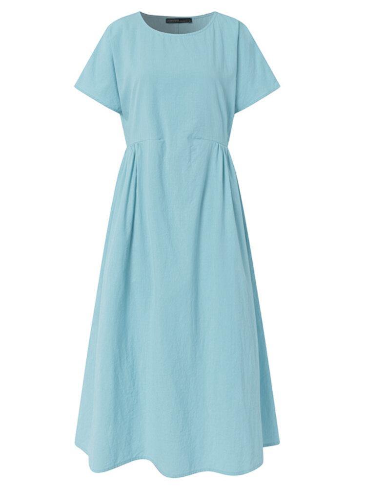 Robe mi-longue plissée unie 100 % coton avec poches latérales 