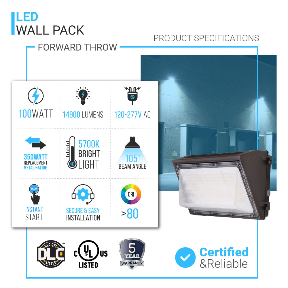 100W LED Wall Pack with Dusk to Dawn Photocell, 5700K, 14900LM, AC120-277V, Waterproof, UL & DLC Listed