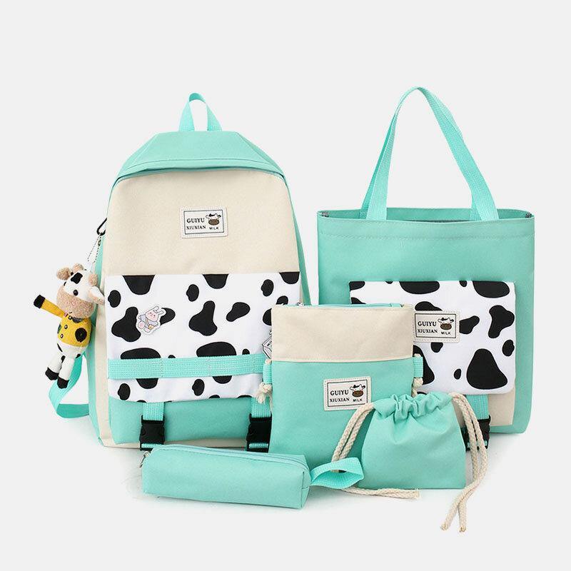 5 piezas de lona con estampado de vaca preppy, multifunción, combinación de bolsos, mochilas, bolsos cruzados, bolsos de mano, carteras de mano 