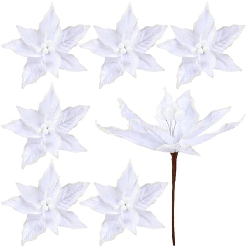 Zeyune 6 Pcs Christmas Poinsettia Flowers Artificial 12 Inch Large Frost Edged Flannel Christmas Flowers Faux Poinsettia Flowers Christmas Tree Flowers for Xmas New Year Wedding Party (White)