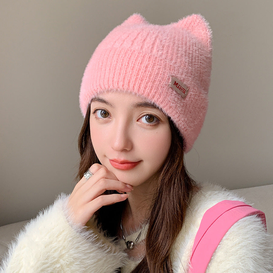 Lindo gorro de punto con orejas de gato de visón