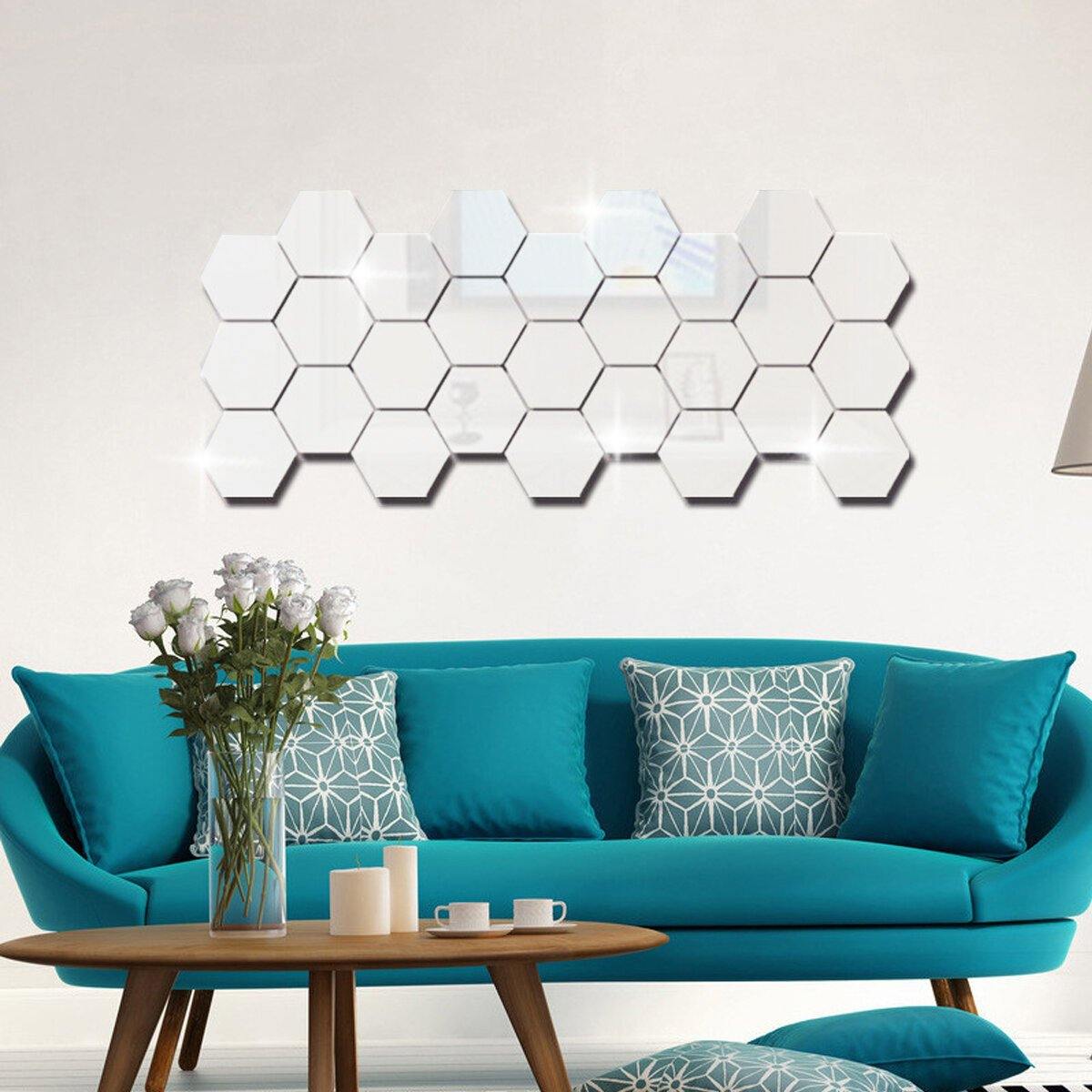 Lot de 12 autocollants muraux 3D en vinyle à effet miroir hexagonal amovible pour décoration de maison, salon, art 