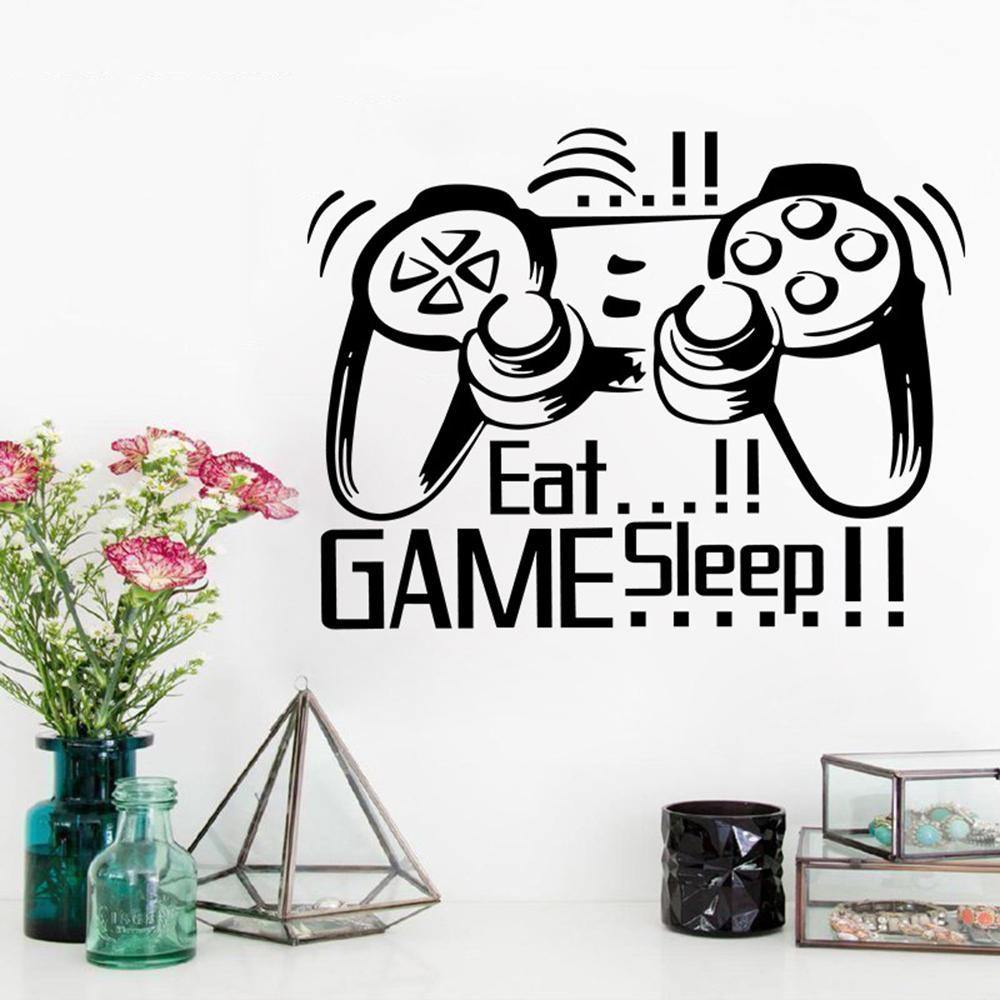 Creative Art Game Handle Wall Stickers "EAT SLEEP GAME" Black Vinyl Removable Printed Game Lovers Bedroom Wall Stickers Hot Play Game Handle Living Room Bedroom Personality Decoration Wall Stickers