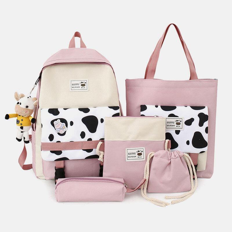 5 piezas de lona con estampado de vaca preppy, multifunción, combinación de bolsos, mochilas, bolsos cruzados, bolsos de mano, carteras de mano 