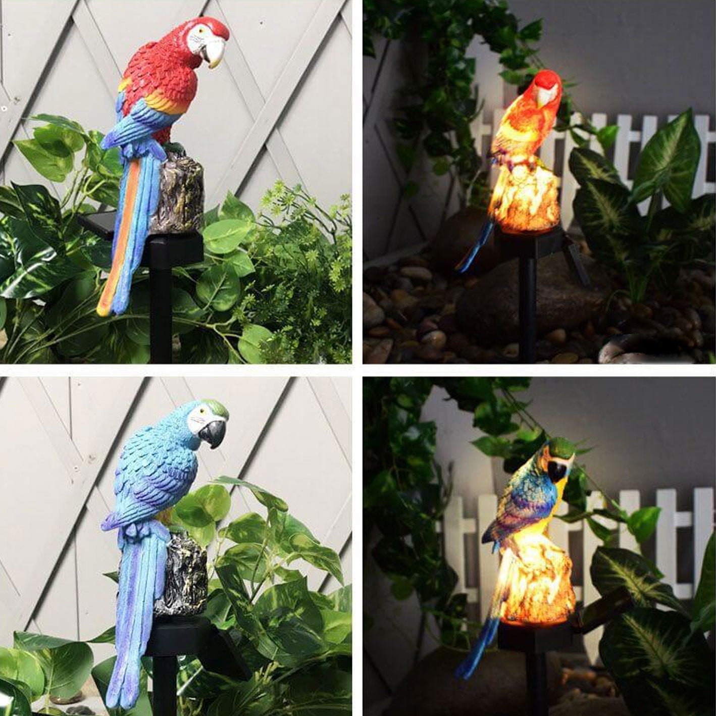 Lámpara LED decorativa para jardín al aire libre con forma de loro de resina y energía solar 