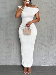 Asymmetrical One Shoulder Bodycon Maxi Dress in white, featuring a fitted silhouette and slight stretch.