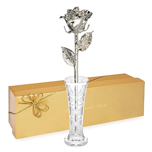 Forever Rose, une véritable rose en argent pur, unique en son genre, avec un vase en verre transparent, trempée à la main dans de la laque et garnie de rose argentée