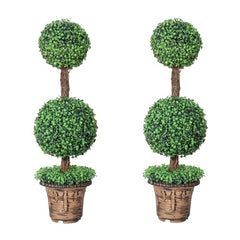 Binnny Flower 3ft Boxwood Topiary Trees Artificial Outdoor 2 Pack, Double Ball Faux Topiary Outdoor Set of 2 Fake Outdoor Plants UV Resistant for Front Porch Garden Patio Outside Decor 3 feet