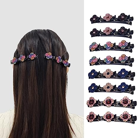 Lot de 8 pinces à cheveux tressées en cristal scintillant, en forme de trèfle à quatre feuilles, avec 3 petites pinces sur le dessus, accessoires pour cheveux, pour femmes et filles