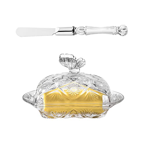 1500° C TABLETOP Glass Butter Dish with Lid and Stainless Steel Butter Knife, Farm House Butterfly Handle Thick Cover, European Butter Dishes, Sun Flower Butter Dish Sticks Kitchen Dishwasher Safe