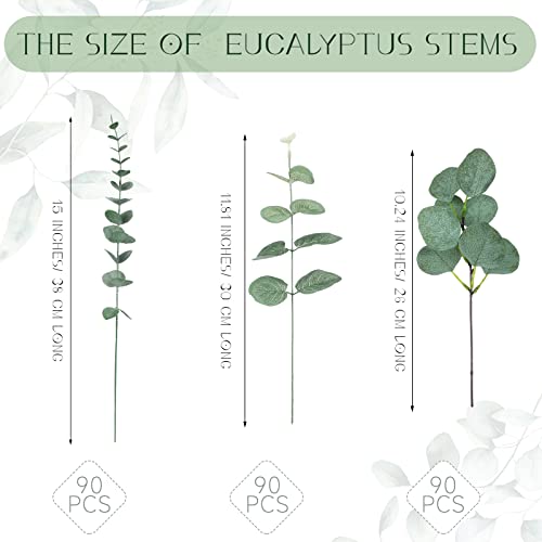 Lot de 270 tiges de feuilles d'eucalyptus artificielles en vrac, 3 types de tiges de feuilles d'eucalyptus artificielles en argent, pics de feuilles d'eucalyptus séchées, faux spray pour vase de mariage, bouquet, arrangement floral, décoration (vert)