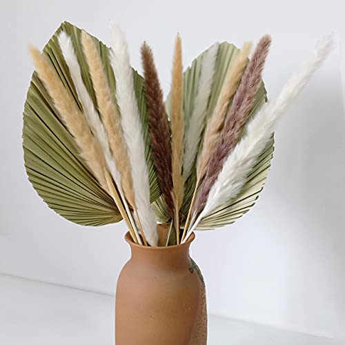 Lot de 7 feuilles de palmier séchées naturelles de 50,8 cm de hauteur x 22,9 cm de largeur, 10 tiges d'herbe de pampa séchée naturelle pour décoration de maison, de mariage ou de fête