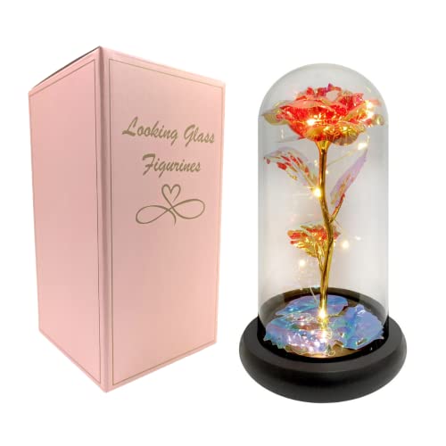 Rose préservée faite à la main dans un dôme en verre transparent avec éclairage LED - Un cadeau magnifique et unique pour toute occasion Fleurs artificielles | Piles incluses (rouge)