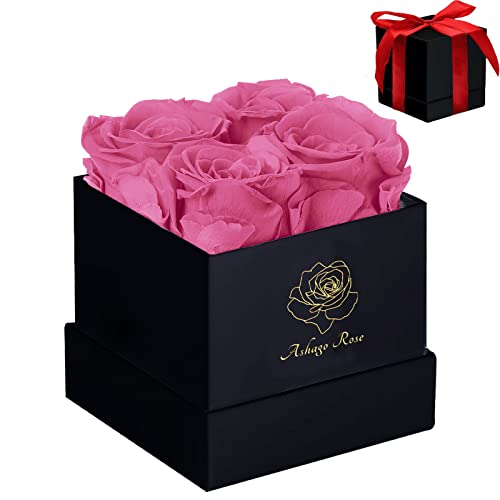 Roses éternelles Ashago dans une boîte, boîte à fleurs romantique, vraies roses qui durent longtemps, fleurs à livrer, pour elle, cadeaux pour maman, boîte noire carrée, 4 roses roses