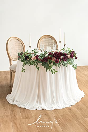 Guirnalda de eucalipto con flores Ling's Moment de 6 pies, camino de mesa con flores, centros de mesa de boda hechos a mano para cena de ensayo, despedida de soltera | Marsala y Blush