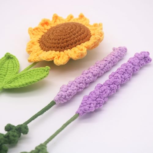 Ramo de flores de lavanda y girasol de Masijssa, ramo de flores artificiales de ganchillo hecho a mano para cumpleaños, bodas, San Valentín, regalo de graduación, decoración de mesa para el hogar y la oficina, ramo de flores terminado