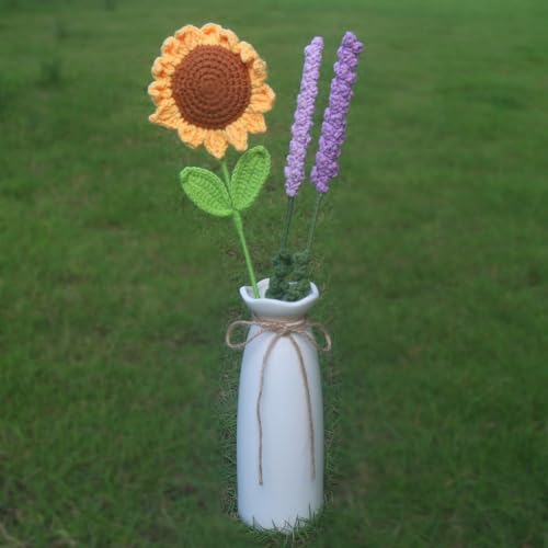 Ramo de flores de lavanda y girasol de Masijssa, ramo de flores artificiales de ganchillo hecho a mano para cumpleaños, bodas, San Valentín, regalo de graduación, decoración de mesa para el hogar y la oficina, ramo de flores terminado