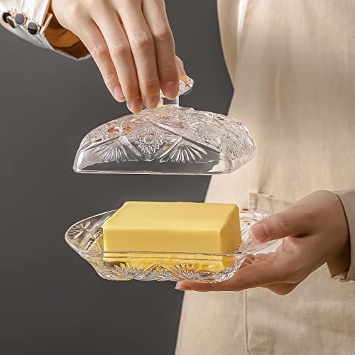 1500° C TABLETOP Glass Butter Dish with Lid and Stainless Steel Butter Knife, Farm House Butterfly Handle Thick Cover, European Butter Dishes, Sun Flower Butter Dish Sticks Kitchen Dishwasher Safe