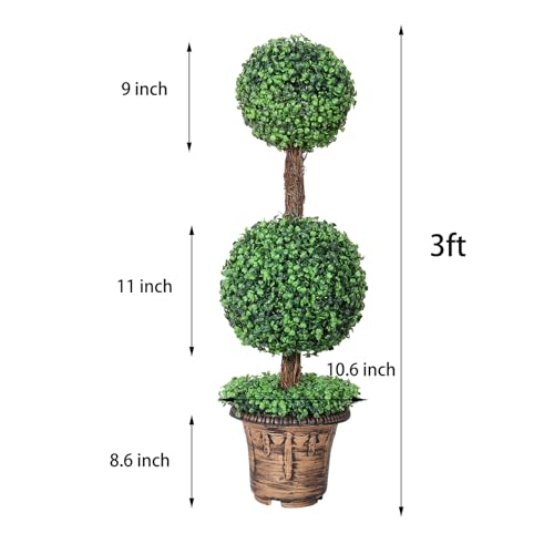 Binnny Flower 3ft Boxwood Topiary Trees Artificial Outdoor 2 Pack, Double Ball Faux Topiary Outdoor Set of 2 Fake Outdoor Plants UV Resistant for Front Porch Garden Patio Outside Decor 3 feet