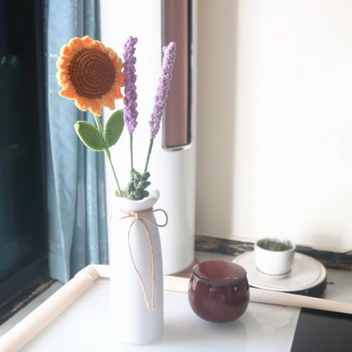 Ramo de flores de lavanda y girasol de Masijssa, ramo de flores artificiales de ganchillo hecho a mano para cumpleaños, bodas, San Valentín, regalo de graduación, decoración de mesa para el hogar y la oficina, ramo de flores terminado