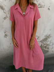 Full Size Short Sleeve Shirt Dress with Collar Plus Size in pink with short sleeves and collar.