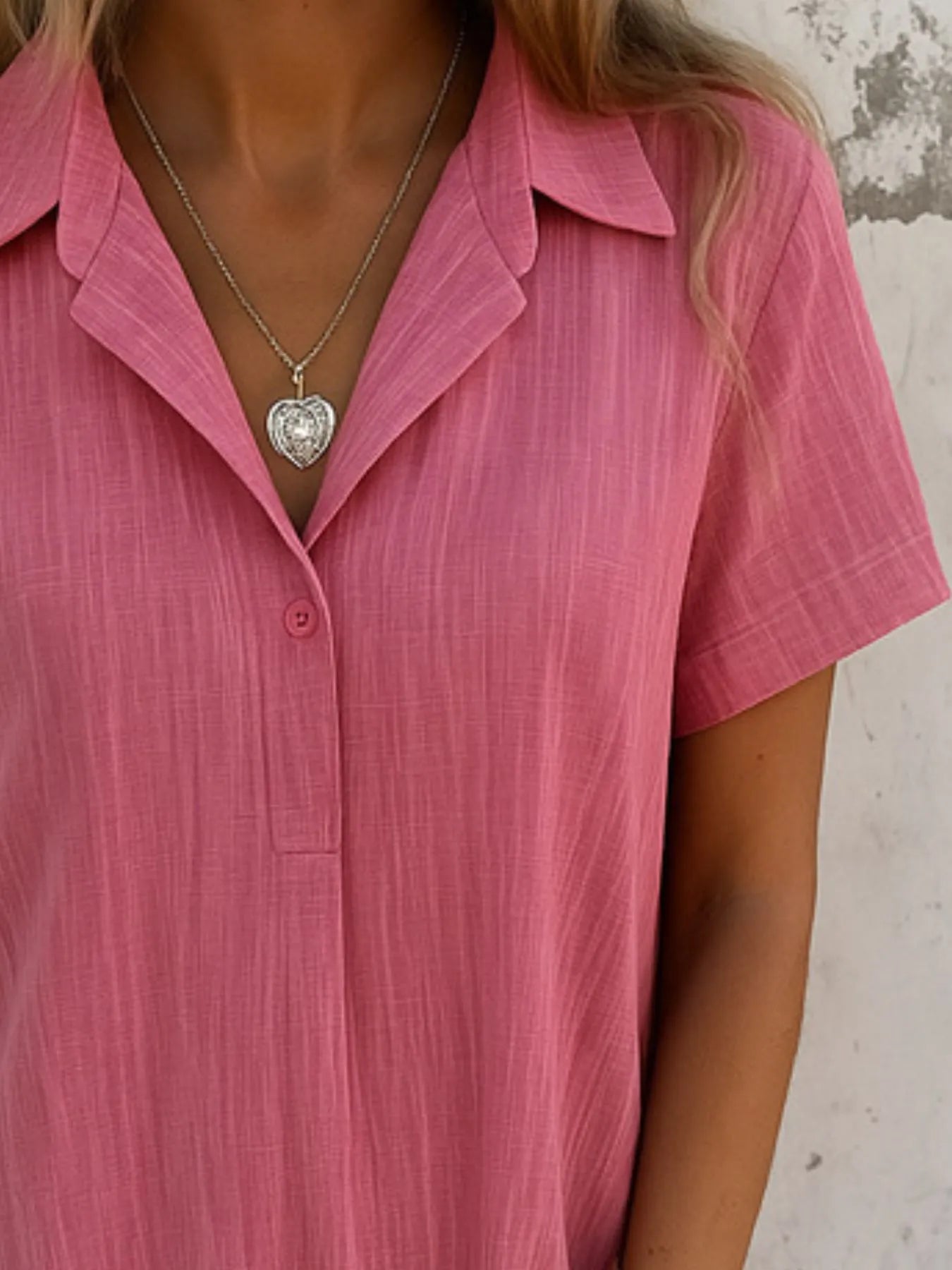 Full Size Short Sleeve Shirt Dress with Collar Plus Size in pink with buttoned detail and collar.