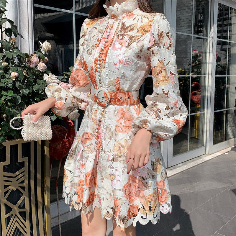 Color Floral Hollow Stand Collar Dress