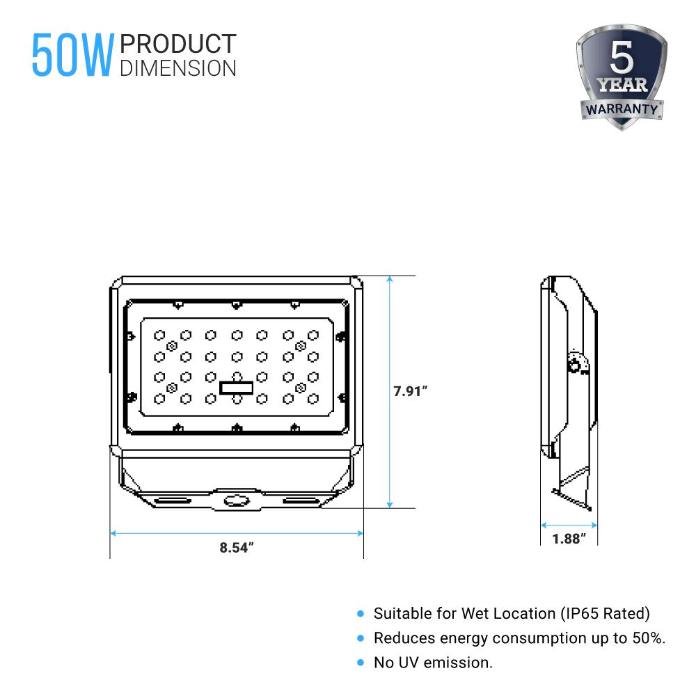 Projecteur LED d'extérieur 50 W, 6 250 lm, super lumineux, 5 700 K, projecteur extérieur étanche IP65, bronze, support en U, éclairage de sécurité pour jardin, pelouse