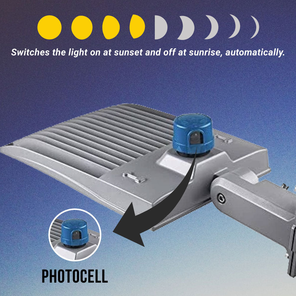 Lampadaire LED 300 W avec cellule photoélectrique du crépuscule à l'aube, 5 700 K, montage universel, argent, étanche IP65, AC100-277 V, éclairage de parking LED - éclairage public extérieur pour zones commerciales