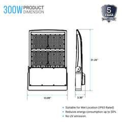 300 Watt LED Flood Light, 5700K, AC120-277V, Black, Dimmable, IP65, Floodlight for Outdoor Security, Backyard |Court|Stadium|Basket Ball Court|Alleys Lighting