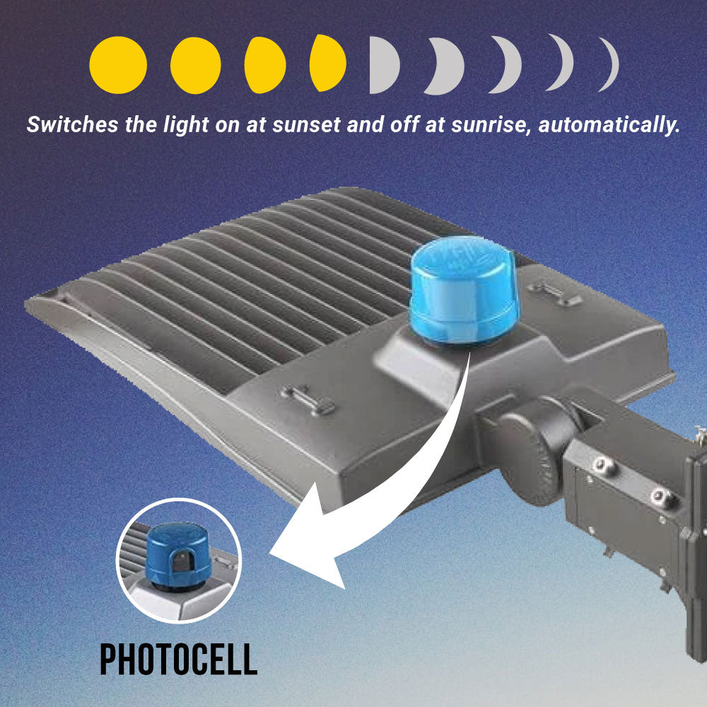 Lampadaire LED 300 W avec cellule photoélectrique du crépuscule à l'aube, 5 700 K, montage universel, gris, étanche IP65, AC 120-277 V, éclairage de parking LED - éclairage public extérieur pour zones commerciales