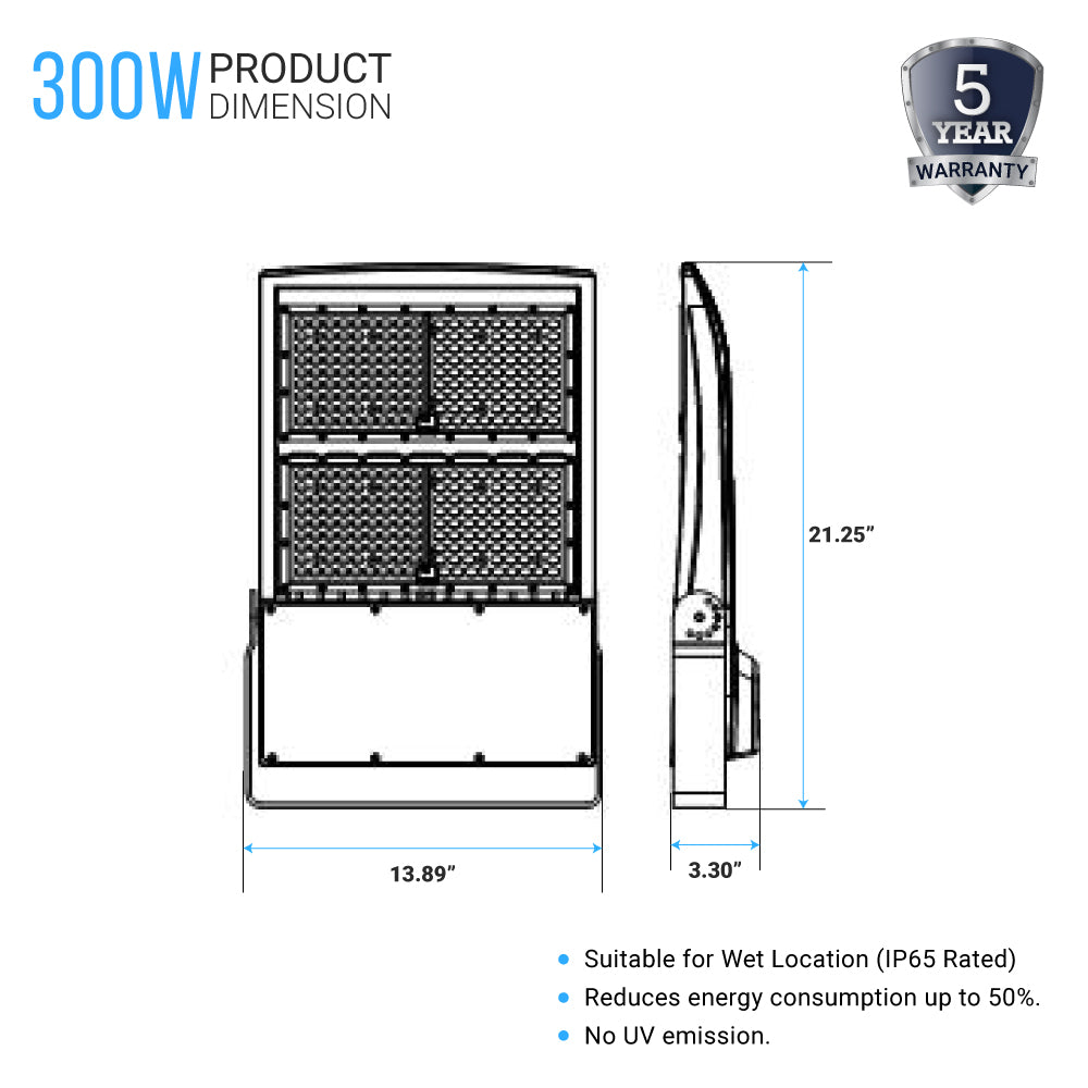 Projecteur LED haute puissance 300 W, 5 700 K, IP65 étanche, intensité variable, haute tension 277 V-480 V, bronze, éclairage commercial pour jardin, cour, parc, stade, arène