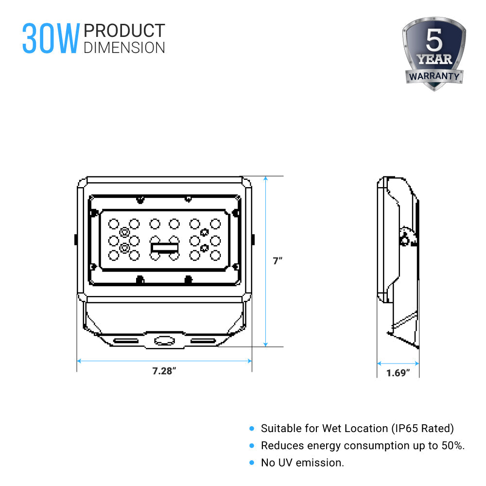 Projecteur LED d'extérieur 30 W, 5 700 K, 3 750 lm, super lumineux, bronze, support en U, éclairage de sécurité étanche pour jardin, porche, cour, pelouse