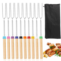 Lot de 10 fourchettes à barbecue en acier inoxydable avec manche en bois, aiguille à barbecue réutilisable, ficelle à viande, fourchette à gril, accessoires pour barbecue 