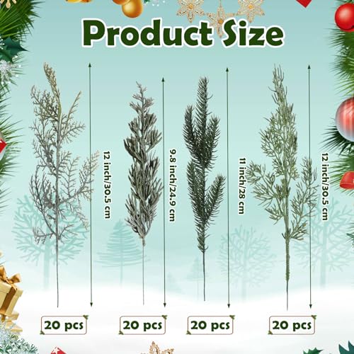 Lyrow Lot de 80 branches de pin artificielles de Noël, 4 styles, feuilles artificielles, aiguilles, pin en plastique, fausse verdure, sapin de Noël pour couronnes de Noël à faire soi-même, décoration de la maison