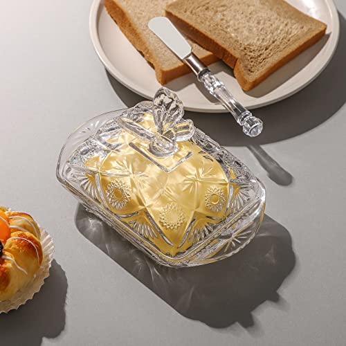 1500° C TABLETOP Glass Butter Dish with Lid and Stainless Steel Butter Knife, Farm House Butterfly Handle Thick Cover, European Butter Dishes, Sun Flower Butter Dish Sticks Kitchen Dishwasher Safe