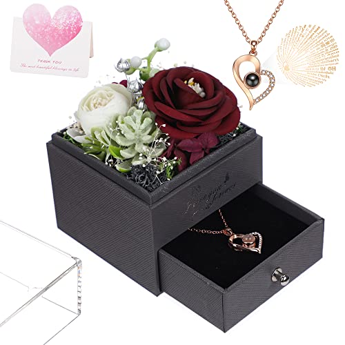 yiwuhongyuz Cadeaux de Saint-Valentin pour anniversaire de mariage, fête des mères, cadeaux d'anniversaire pour elle, cadeaux de roses artificielles pour femmes avec collier en forme de cœur, coffret cadeau Je t'aime en 100 langues