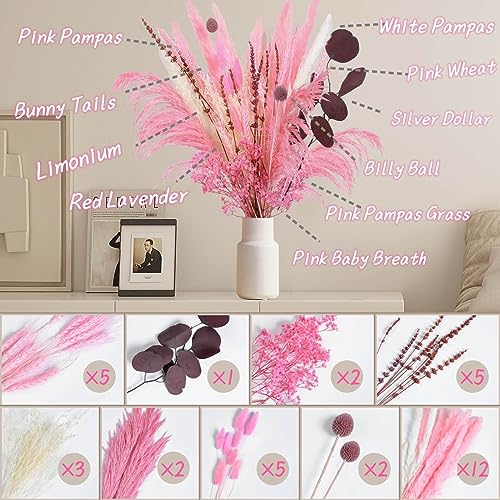 Natural Pink Pampas Grass Dried Flower Decor, 10 Kinds Mix Bundles Blush Pampas, Lavender & Baby Breath, Real Plants Bridesmaid Bouquets for Wedding Floral Bathroom Rustic Party Home Fall Decor