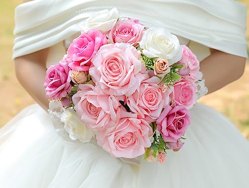 Coffret de fleurs artificielles Anivis, fausses fleurs avec tiges, roses avec feuilles détachables et verdure pour bouquets de mariage à faire soi-même, centres de table, fête prénatale, dédicace de bébé (rose rose)