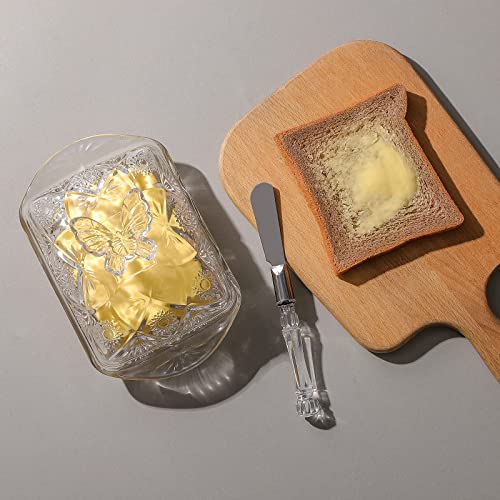 1500° C TABLETOP Glass Butter Dish with Lid and Stainless Steel Butter Knife, Farm House Butterfly Handle Thick Cover, European Butter Dishes, Sun Flower Butter Dish Sticks Kitchen Dishwasher Safe