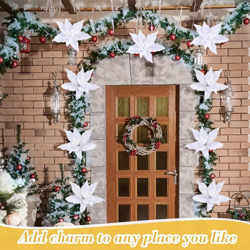 Zeyune 6 Pcs Christmas Poinsettia Flowers Artificial 12 Inch Large Frost Edged Flannel Christmas Flowers Faux Poinsettia Flowers Christmas Tree Flowers for Xmas New Year Wedding Party (White)