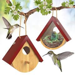 Lot de 2 maisons pour colibris, maisons d'oiseaux en bois avec vue sur la fenêtre pour l'extérieur, maisons pour colibris pour la nidification, maison pour mésanges suspendue pour l'intérieur et l'extérieur avec cordes de chanvre…