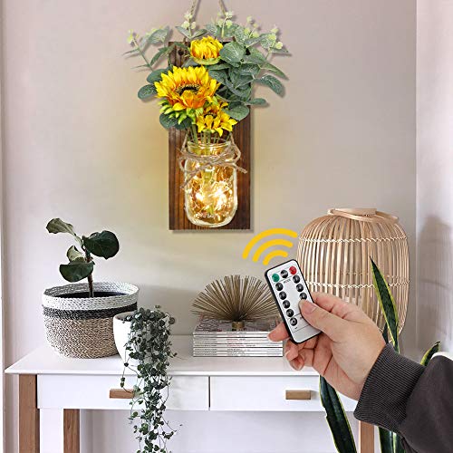 AerWo Lot de 2 appliques murales en forme de tournesol avec guirlande lumineuse LED à distance, décoration murale rustique pour cuisine de ferme, décoration murale pour la maison