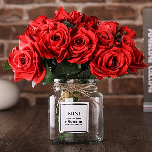 MISBEST Artificial Red Rose Flowers with Vase,Fake Silk Rose Bouquet with Glass Jar Home Rope for Wedding Proposal Bride Hobby Lobby Decoration Best Gift for Her(Red Rose)