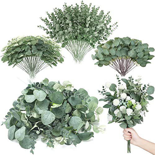 Lot de 270 tiges de feuilles d'eucalyptus artificielles en vrac, 3 types de tiges de feuilles d'eucalyptus artificielles en argent, pics de feuilles d'eucalyptus séchées, faux spray pour vase de mariage, bouquet, arrangement floral, décoration (vert)