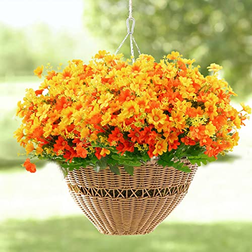 Uieke Artificial Fake Flowers, 6 Bundles Daisy Mums Flowers Outdoor UV Resistant No Fade Greenery Shrubs Plants Indoor Outside Hanging Planter Home Wedding DIY Garden Porch Décor (Orange Yellow)