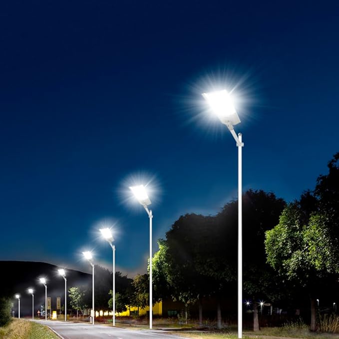 Lampadaire solaire d'extérieur 4000 W avec détecteur de mouvement, projecteur solaire du crépuscule à l'aube avec télécommande, éclairage de sécurité étanche IP67 pour parking, jardin, rue, aire de jeux 