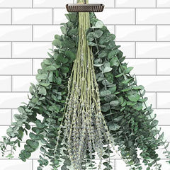 Paquete de 115 tallos de eucalipto secos con flores de lavanda para ducha, hojas de eucalipto reales naturales de 17 pulgadas, ramas colgantes para ducha, para spa, fragancia para el hogar, baño, mesa, jarrón, decoración