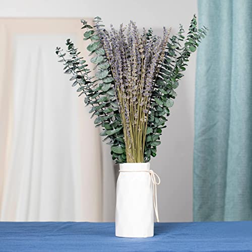 Paquete de 115 tallos de eucalipto secos con flores de lavanda para ducha, hojas de eucalipto reales naturales de 17 pulgadas, ramas colgantes para ducha, para spa, fragancia para el hogar, baño, mesa, jarrón, decoración