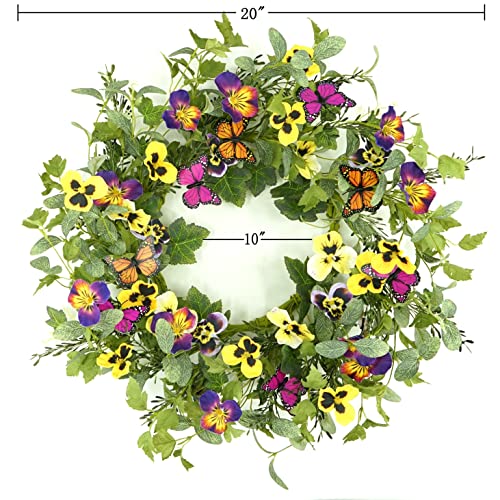 Couronne artificielle printemps été avec fleur de pensée, faux papillon, feuilles d'eucalyptus, feuilles de lierre, fougère pour porte d'entrée, intérieur, extérieur, ferme, maison, mur, fenêtre, festival, décoration de mariage, boîte cadeau blanche